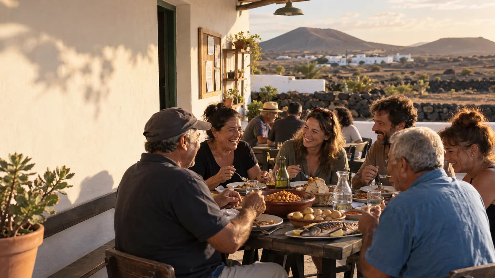 People sharing homestyle Canarian food on a rural Lanzarote teleclub terrace
