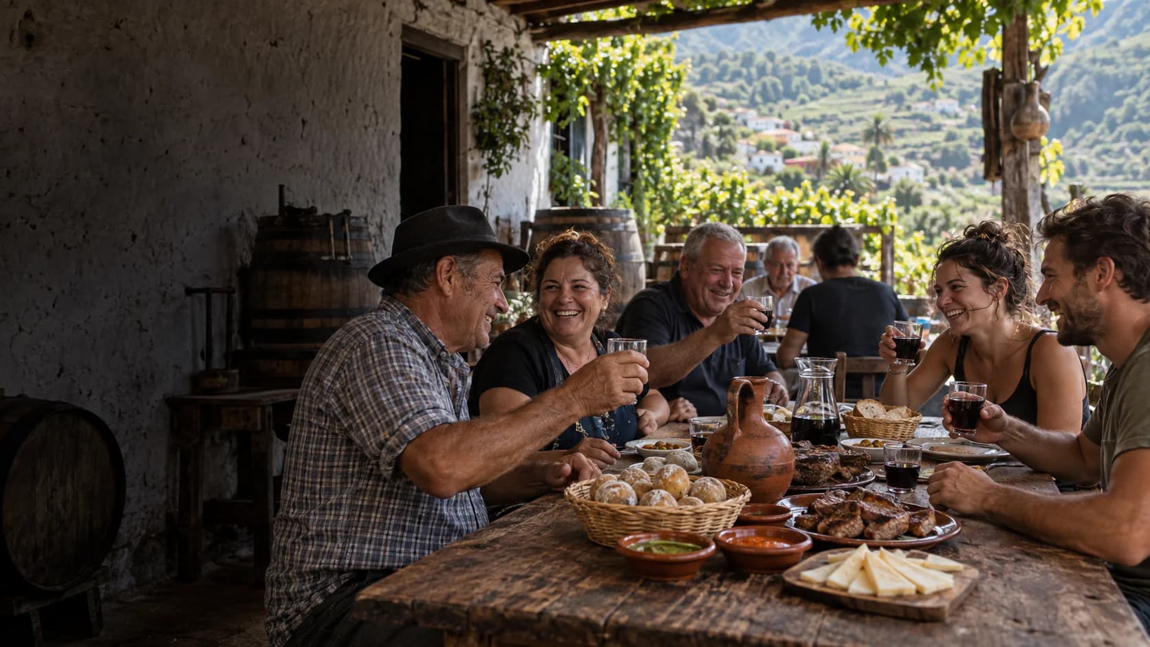 Diners sharing Canarian food and house wine at a rustic Tenerife bodega