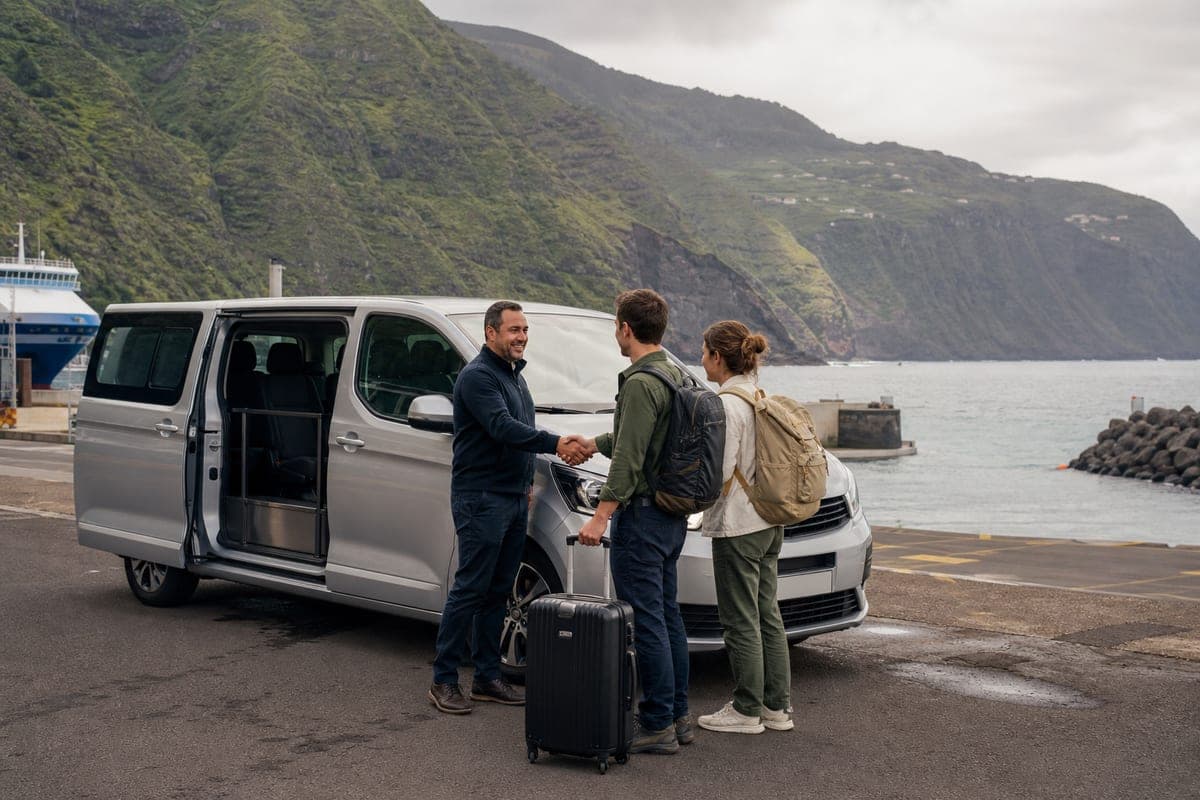 Private transfer driver greeting travellers at El Hierro ferry port