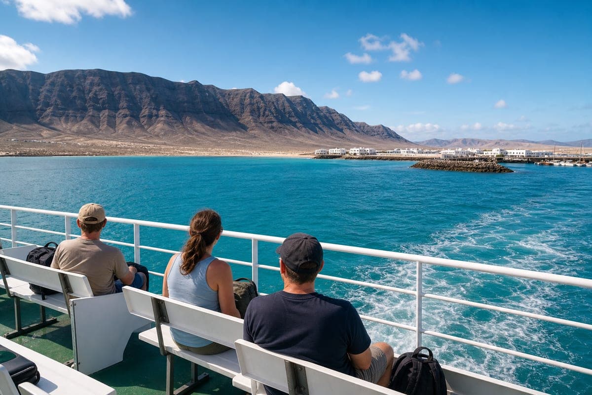 Day visitors approaching La Graciosa on the passenger ferry from Lanzarote