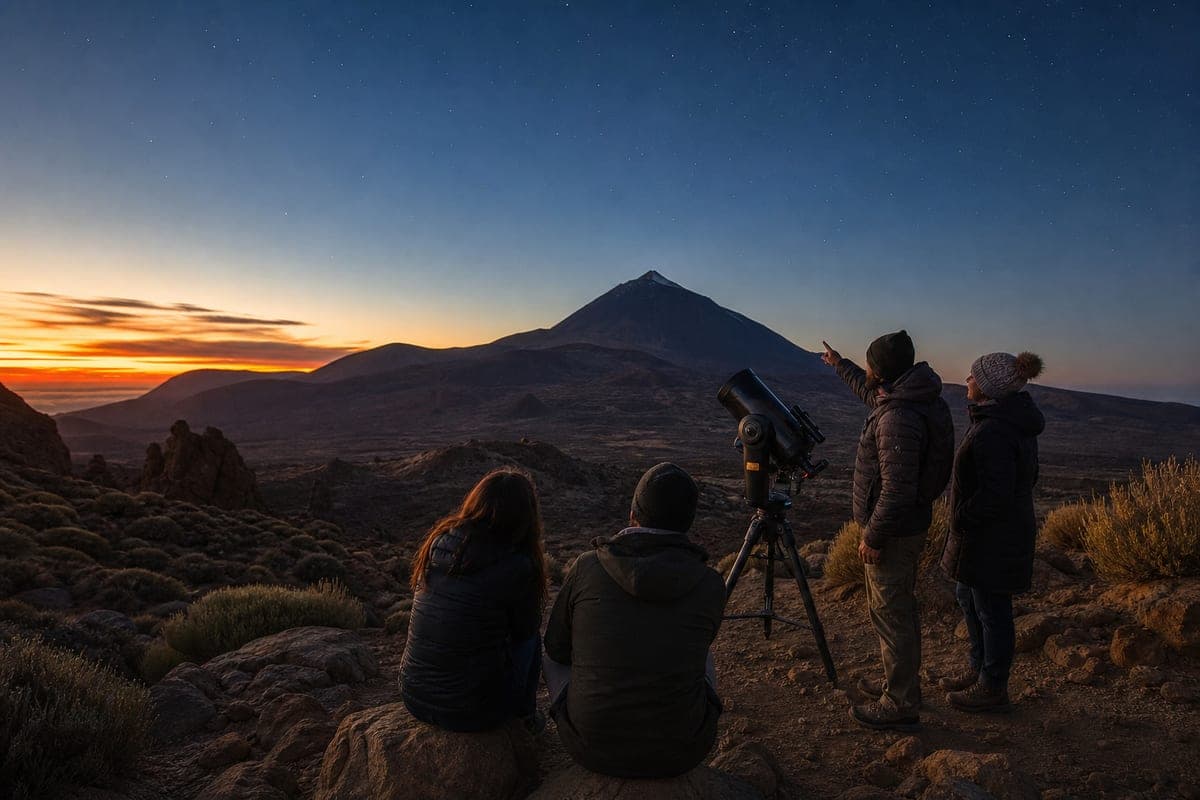 Travellers stargazing with a telescope beside Mount Teide at sunset in Tenerife