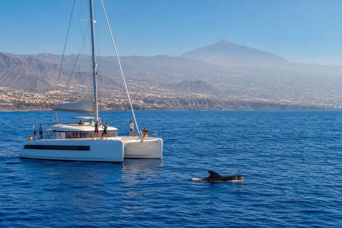Small-group catamaran watching a pilot whale off the coast of Tenerife