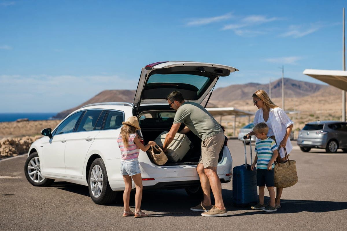 Family loading beach luggage into a rental car at Fuerteventura Airport