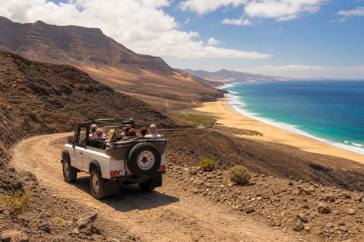 Four-wheel-drive excursion descending toward remote Cofete beach in Fuerteventura
