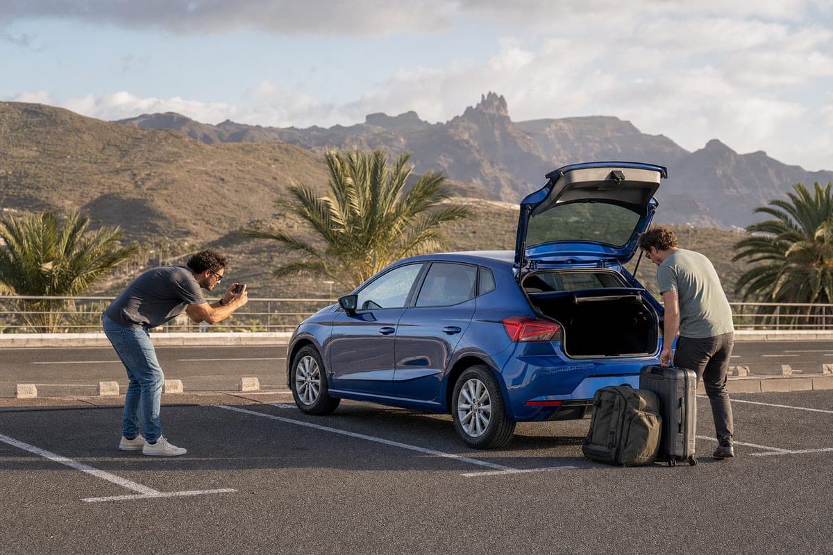 Travellers inspecting a rental car before exploring Gran Canaria