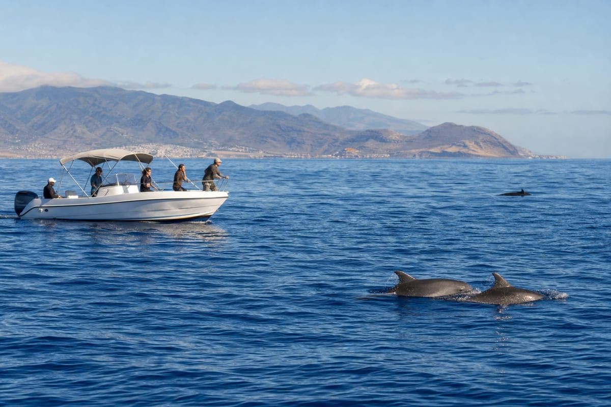 Dolphins surfacing near a responsible whale-watching boat off Gran Canaria
