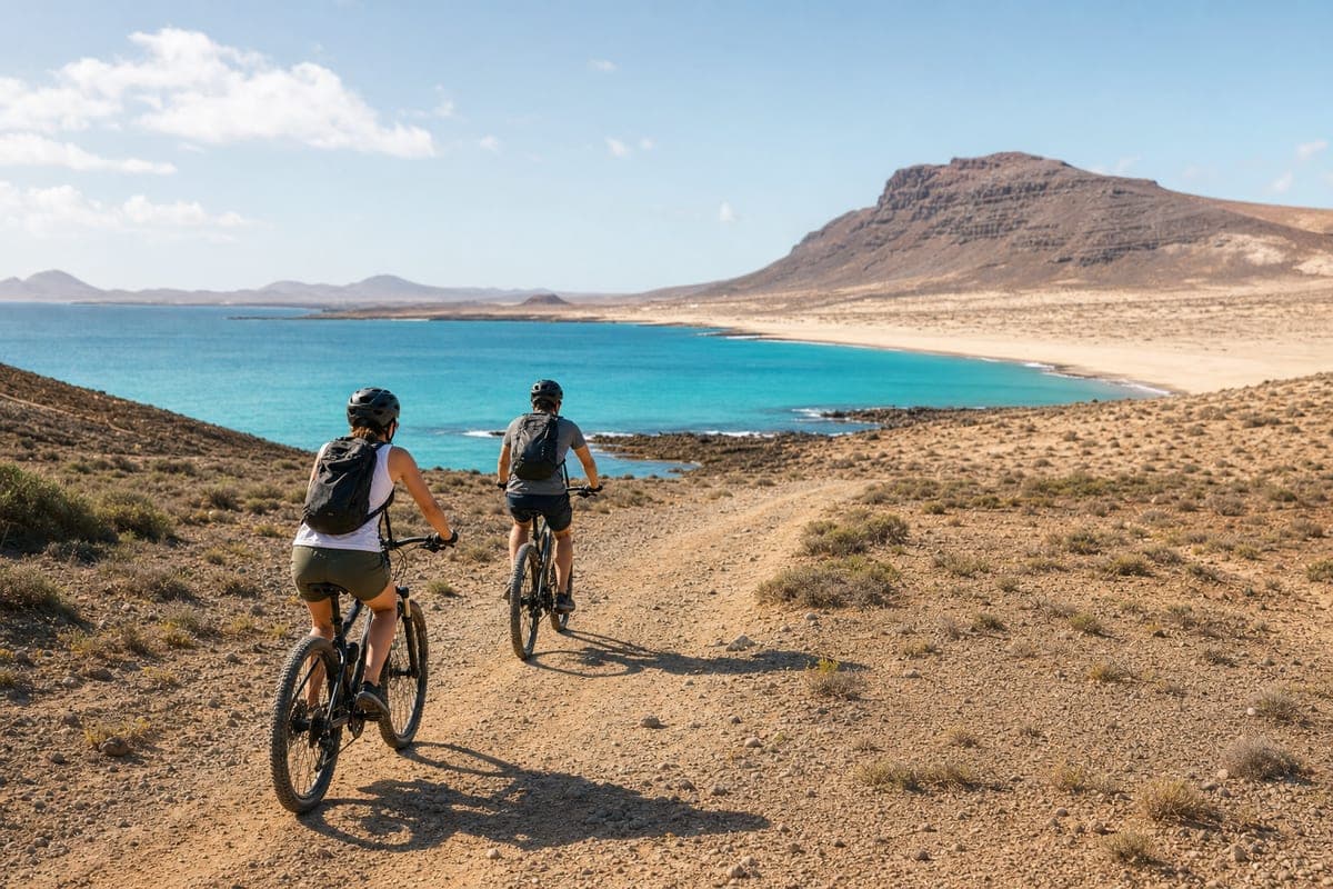 Cyclists riding mountain bikes along a coastal track in La Graciosa