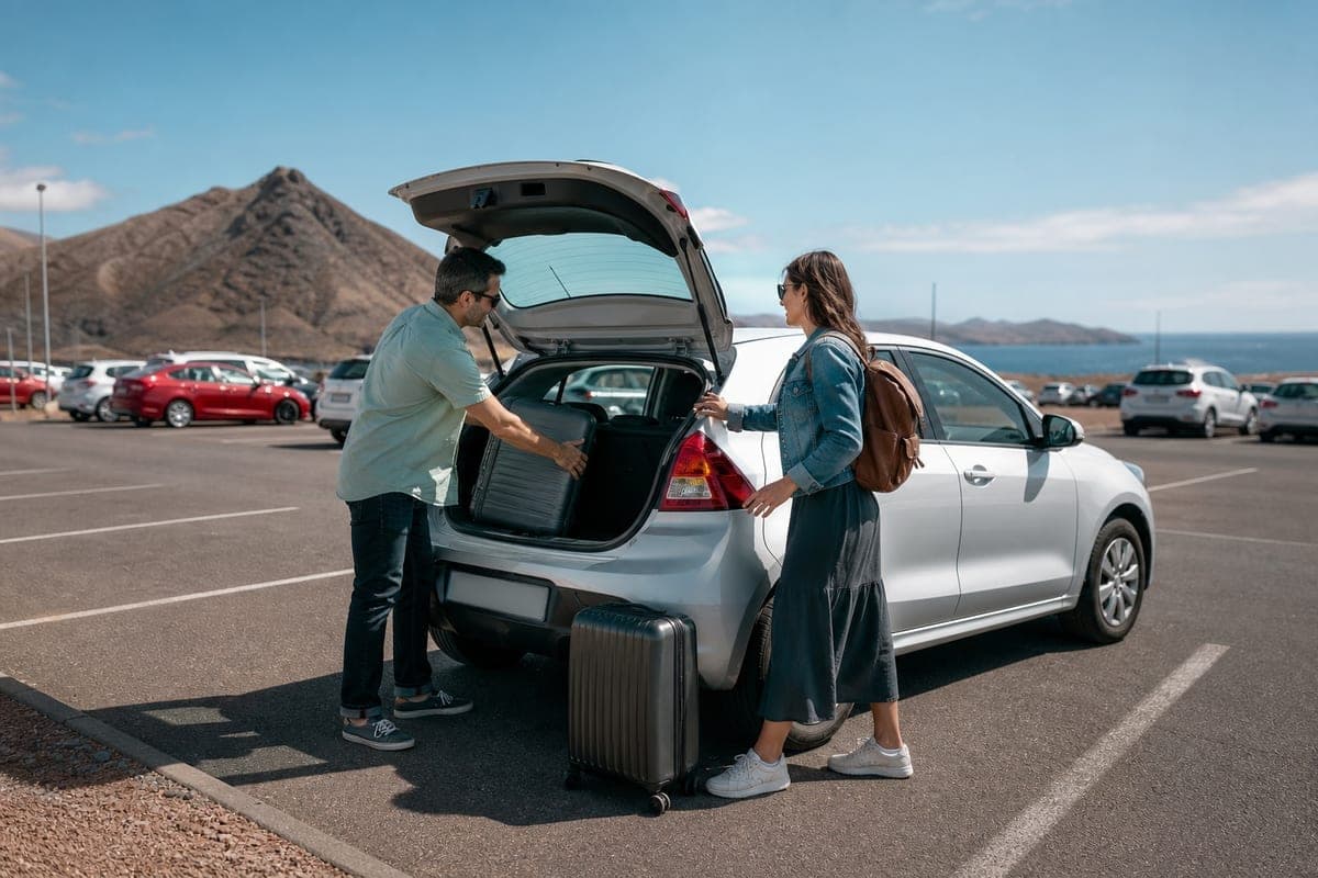 Couple loading luggage into a rental car for a Lanzarote road trip