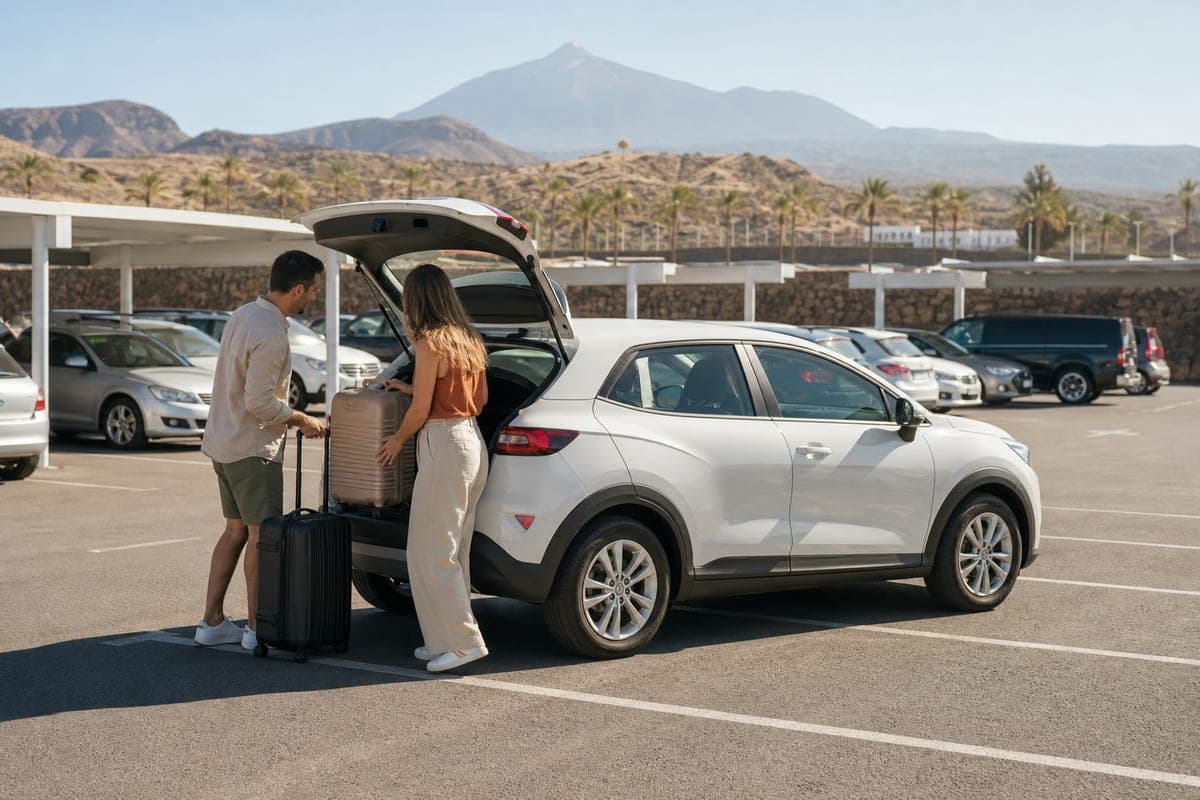 Travellers loading a rental car near Tenerife South Airport with Mount Teide behind