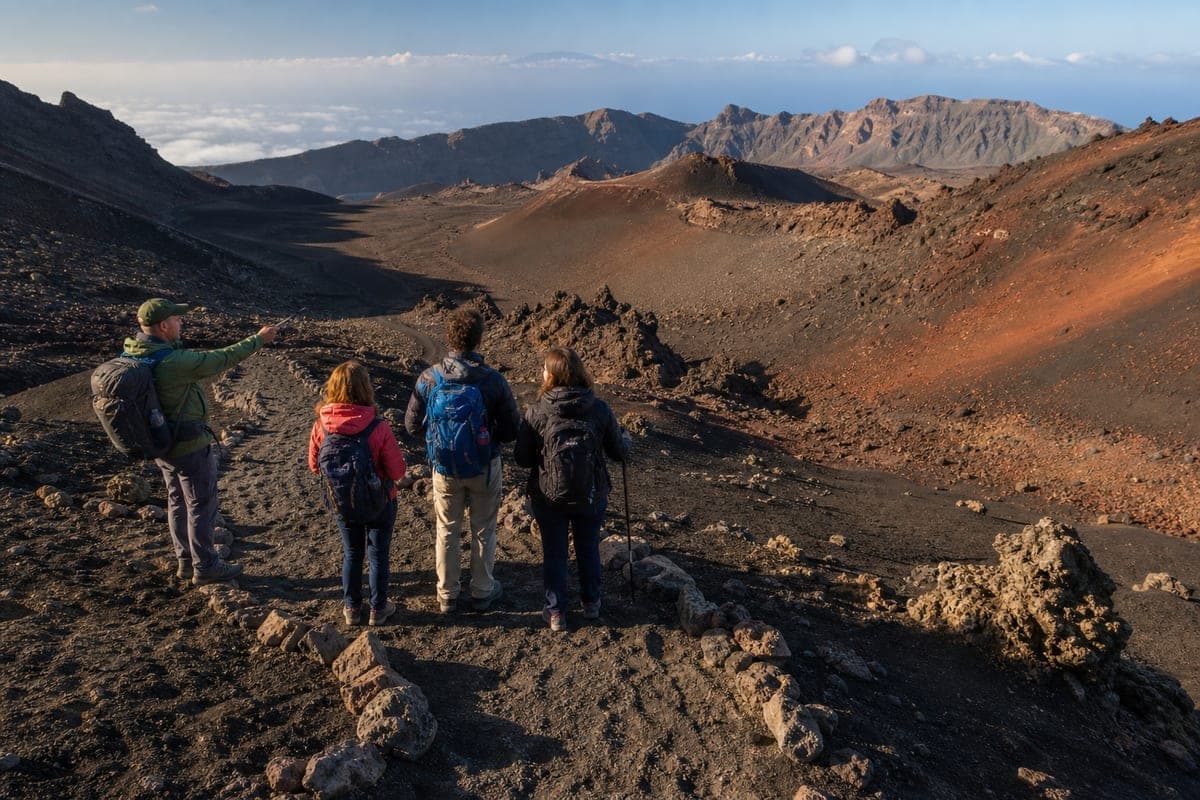 Guided group viewing the volcanic landscape of Timanfaya in Lanzarote